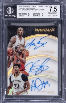 2015-16 Panini Immaculate Collection "Trio Autographs" #11 Kobe Bryant, Kevin Durant & Anthony Davis Triple Signed Card (#14/15) - BGS NM+ 7.5/BGS 10